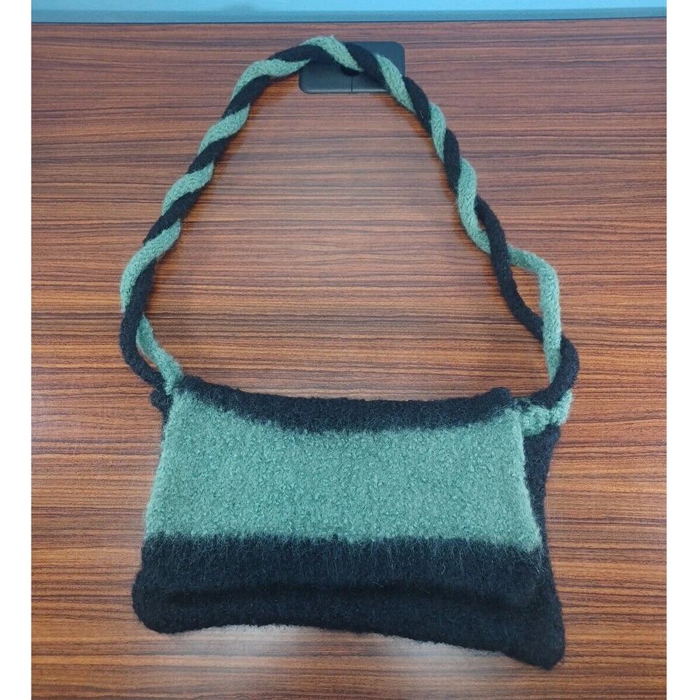Handmade Knitted Striped Purse Green & Black Twist Handle Unique